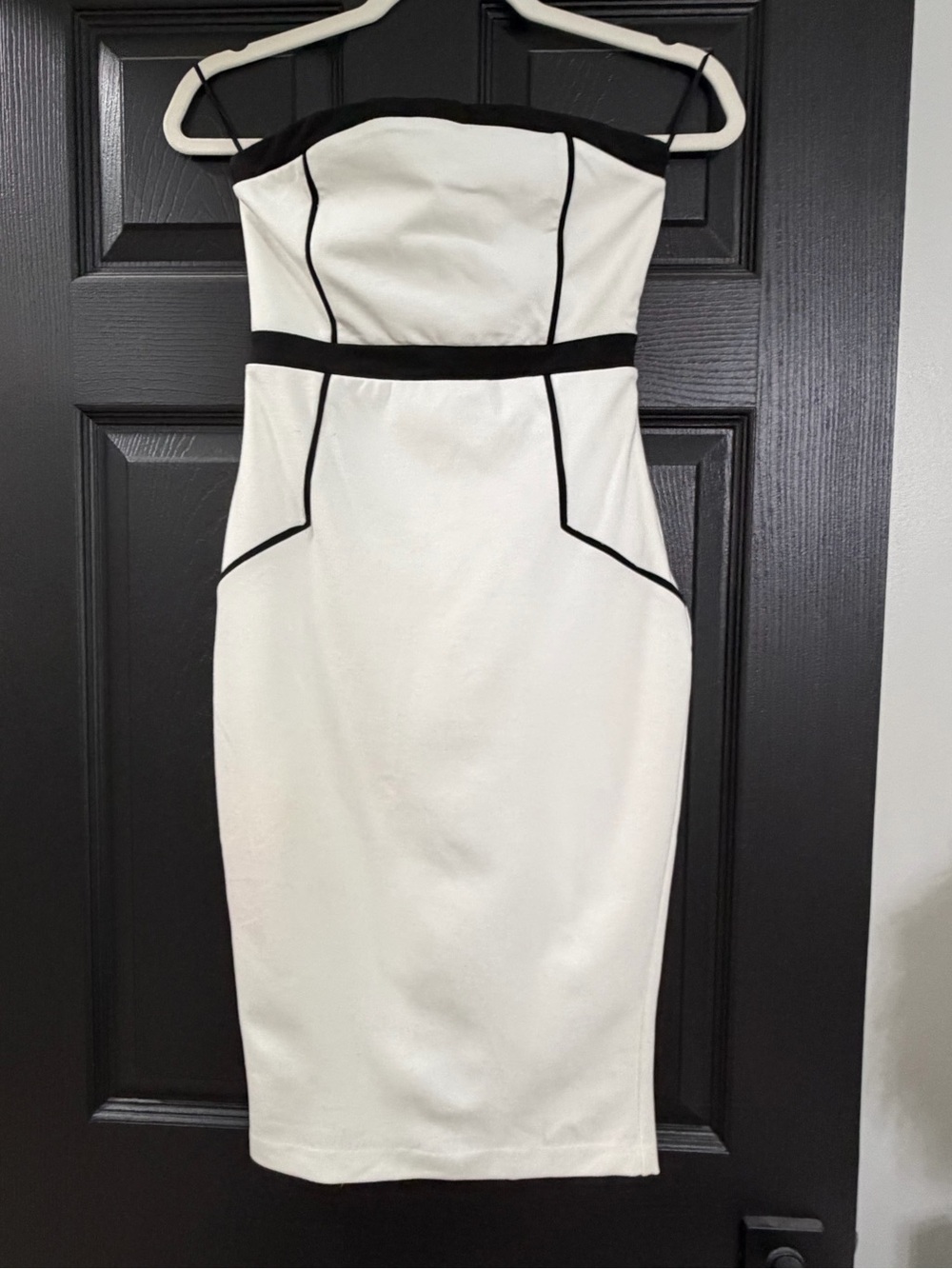 Express Strapless White Sheath Dress with Black Piping